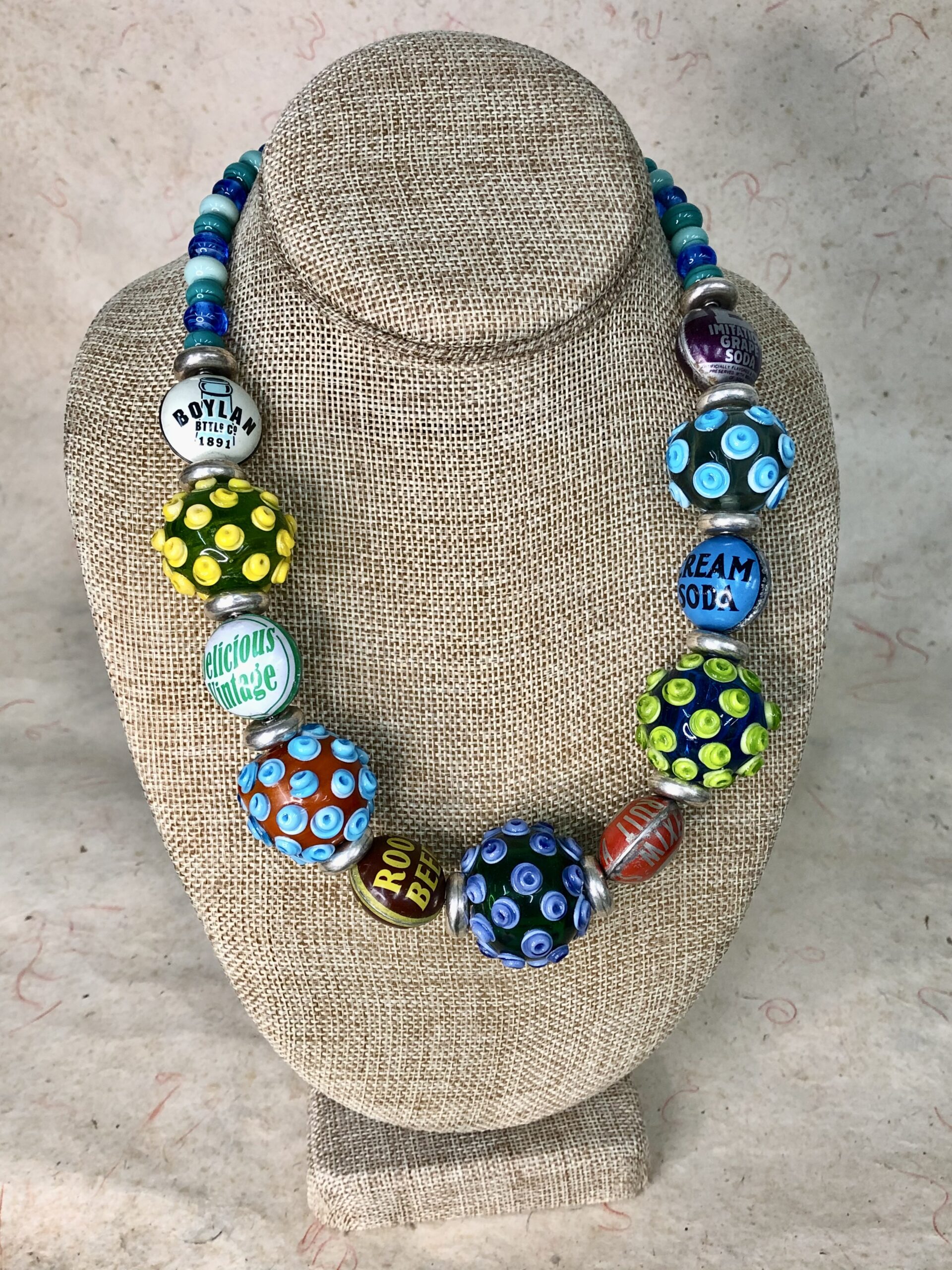 Lamp work glass beads, bottle cap beads, sterling silver
